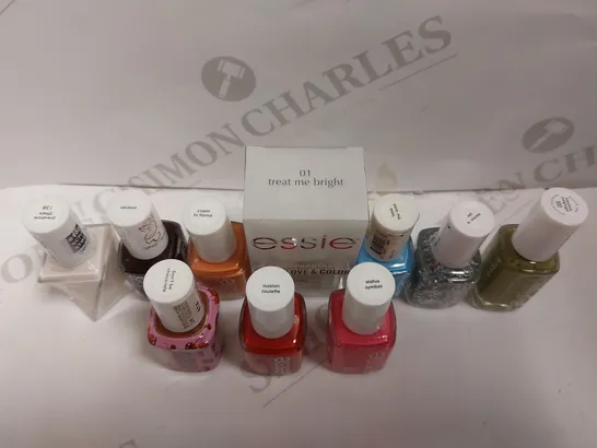 BOX OF APPROX 10 ESSIE NAIL PRODUCTS TO INCLUDE NAIL STRENGTHENER AND NAIL LACQUER IN ASSORTED COLOURS