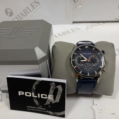 BOXED POLICE WRIST WATCH WITH NAVY FACE AND LEATHER STRAP 