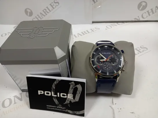 BOXED POLICE WRIST WATCH WITH NAVY FACE AND LEATHER STRAP 