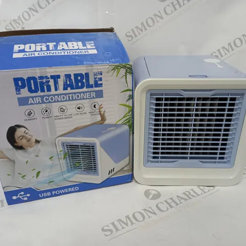 BOXED PORTABLE AIR CONDITIONER IN BLUE/WHITE