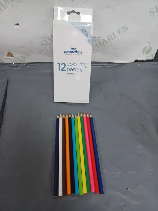 BOXED LOT OF APPROXIMATELY 24 PACKS (12 PER PACK) OF CONSORTIUM COLOURED PENCILS 