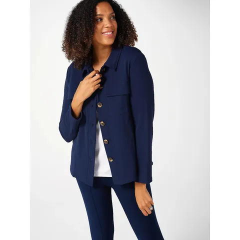 KIM & CO PONTE CREPE KNIT CARGO JACKET IN NAVY SIZE XL