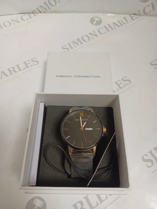 BOXED FRENCH CONNECTION LADIES BLACK DIAL WATCH - BLACK & ROSE GOLD