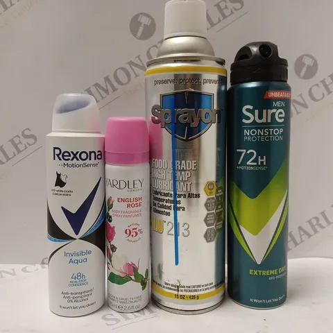 BOX OF APPROX 10 ASSORTED AEROSOLS TO INCLUDE SURE MEN DEODORANT, REXONA DEODORANT. YARDLEY ENGLISH ROSE BODY FRAGRANCE, ETC 