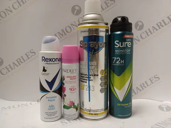 BOX OF APPROX 10 ASSORTED AEROSOLS TO INCLUDE SURE MEN DEODORANT, REXONA DEODORANT. YARDLEY ENGLISH ROSE BODY FRAGRANCE, ETC 