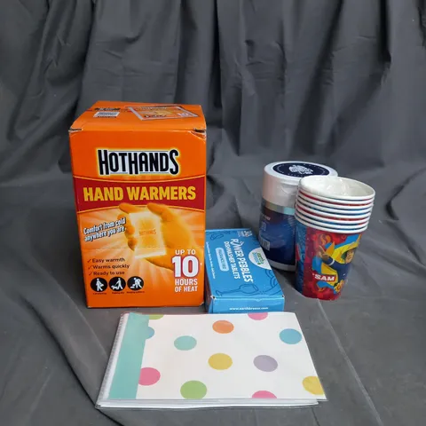 APPROXIMATELY 20 ASSORTED HOUSEHOLD ITEMS TO INCLUDE HAND WARMERS , KIDS CUPS , DISHWASHER TABLETS , ETC 