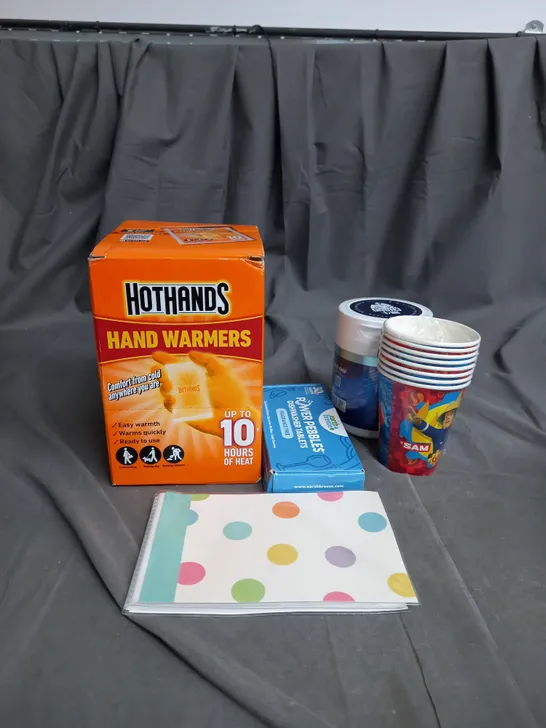 APPROXIMATELY 20 ASSORTED HOUSEHOLD ITEMS TO INCLUDE HAND WARMERS , KIDS CUPS , DISHWASHER TABLETS , ETC 