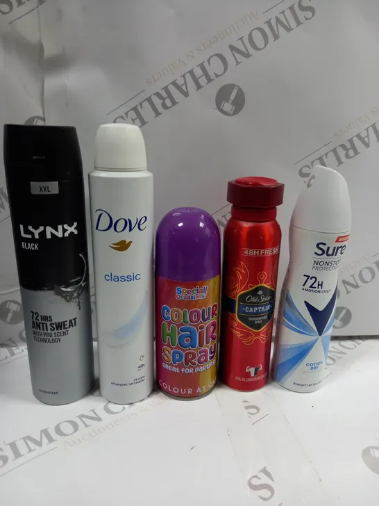 BOX OF APPROX 20 ASSORTED AEROSOLS TO INCLUDE OLD SPICE DEODERANT, HAIR COLOUR SPRAY, LYNX ETC - COLLECTION ONLY