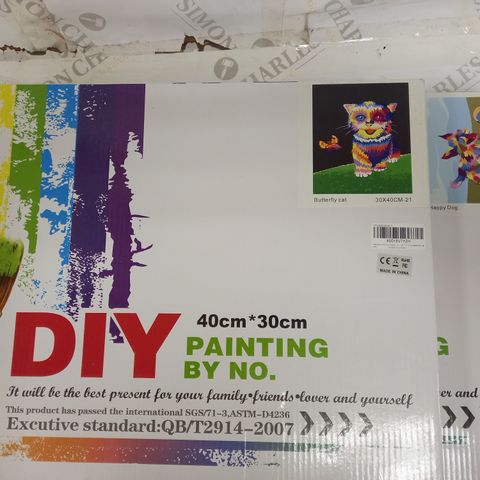 LOT OF APPROXIMATELY 4 ASSORTED DIY PAINTING BY NUMBER KITS TO INCLUDE BUTTERFLY CAT, & HAPPY DOG