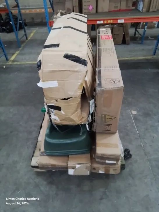 PALLET CONTAINING VARIOUS LOOKOUT TOWER, TRAMPOLINE, SWING AND SLIDE PARTS 