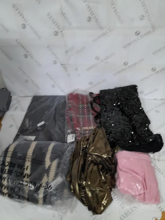 LARGE BOX OF ASSORTED CLOTHING ITEMS IN VARIOUS COLOURS AND SIZES INCLUDING TROUSERS , TOPS AND JUMPERS 