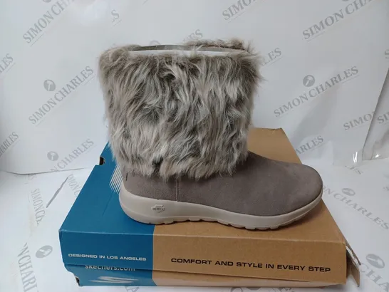 BOXED PAIR OF SKECHERS ON THE GO JOY MID SUEDE BOOTS, TAUPE - SIZE 5.5