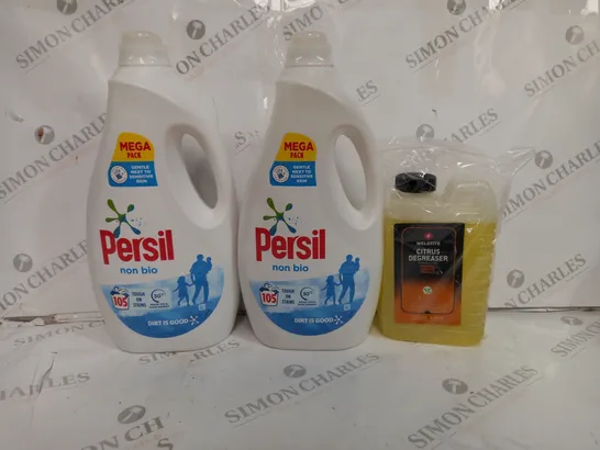 BOX OF APPROX 3 ASSORTED LIQUIDS TO INCLUDE - PERSIL NON BIO WASHES 105 - CITUS DEGREASER 