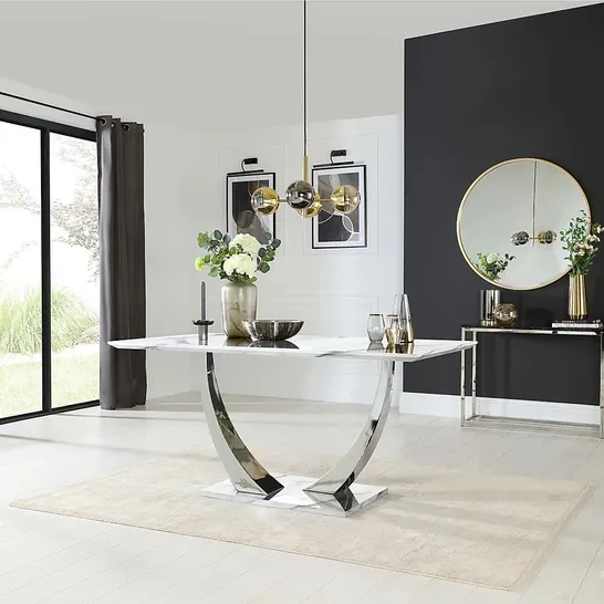 BOXED DESIGNER PEAKE WHITE MARBLE AND CHROME 160CM DINING TABLE (3 BOXES)