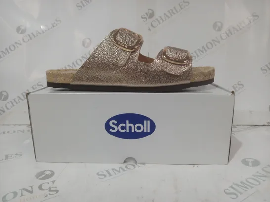 BOXED PAIR OF SCHOLL OPEN TOE SANDALS IN METALLIC GOLD SIZE 7