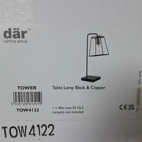 BOXED DAR LIGHTING TOWER TABLE LAMP IN BLACK & COPPER