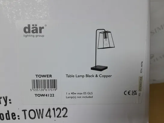 BOXED DAR LIGHTING TOWER TABLE LAMP IN BLACK & COPPER