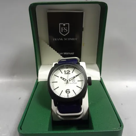 BOXED FRANK SCHMIDT WHITE PILOT DIAL WATCH WITH BLACK BEZEL & NAVY STRAP