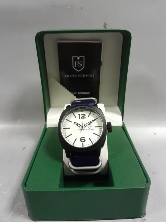 BOXED FRANK SCHMIDT WHITE PILOT DIAL WATCH WITH BLACK BEZEL & NAVY STRAP