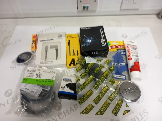 BOX OF ASSORTED VEHICLE ACCESSORIES TO INCLUDE; LITTLE TREES AIR FRESHENER, SHENKENUO LED HEAD LIGHT, A ROLL BAR BUSH KIT, AA TYRE SAFETY KIT, VOLKSWAGON USB PREMIUM CABLE, ACCESSORY VIBRATION DAMPENE