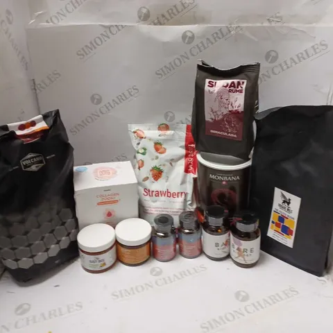 LOT OF APPROXMATELY 12 ITEMS TO INCLUDE BARE BIOLOGY PURE OMEGA-3 (60 CAPSULES), MONBANA SALON DE THE CHOCOLATE POWDER 1KG, THE FAST800 STRAWBERRY REAL FOOD SHAKE (10 SERVINGS), ETC