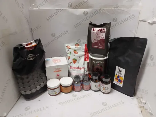 LOT OF APPROXMATELY 12 ITEMS TO INCLUDE BARE BIOLOGY PURE OMEGA-3 (60 CAPSULES), MONBANA SALON DE THE CHOCOLATE POWDER 1KG, THE FAST800 STRAWBERRY REAL FOOD SHAKE (10 SERVINGS), ETC