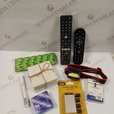 BOX OF APPROXIMATELY 20 ASSORTED HOUSEHOLD ITEMS TO INCLUDE SKY REMOTE CONTROL, LED HEAD TORCH, COASTERS ETC