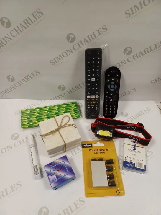 BOX OF APPROXIMATELY 20 ASSORTED HOUSEHOLD ITEMS TO INCLUDE SKY REMOTE CONTROL, LED HEAD TORCH, COASTERS ETC