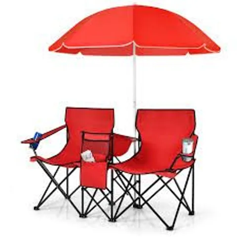 BOXED COSTWAY OUTDOOR PORTABLE DOUBLE CAMPING CHAIR FOLDING PICNIC CHAIRS W/ UMBRELLA & ICE BAG - RED