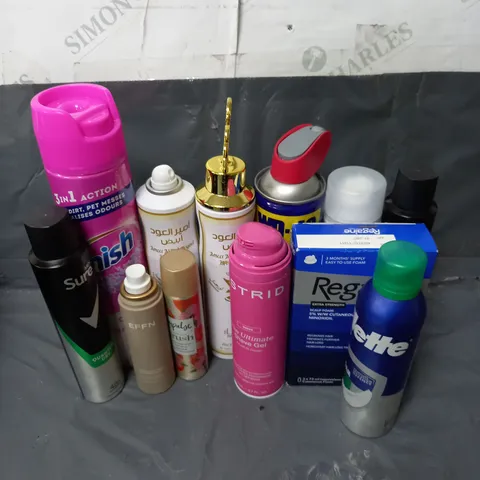 BOX OF APPROXIMATELY 10 ASSORTED AEROSOLS TO INCLUDE - VANISH CARPET FOAM DEEP CLEANER - GILLETTE SHAVE FOAM - EFFN TANNING WATER - ETC - COLLECTION ONLY