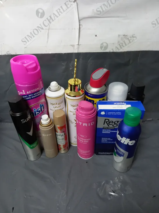 BOX OF APPROXIMATELY 10 ASSORTED AEROSOLS TO INCLUDE - VANISH CARPET FOAM DEEP CLEANER - GILLETTE SHAVE FOAM - EFFN TANNING WATER - ETC - COLLECTION ONLY