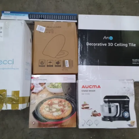 PALLET OF ASSORTED ITEMS INCLUDING DECORATIVE 3D CEILING TILE, AUCMA STAND MIXER, JUDGE NON-STICK PIZZA MAKER, MASS DYNAMIC MUTE SEAT COVER, RECCI BEDDING, SLIMLED PLANTS AQUARIUM LIGHT