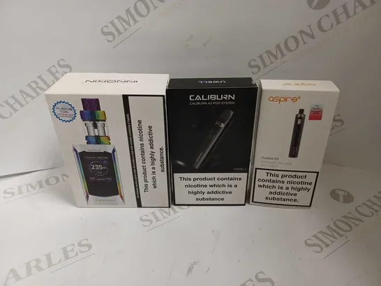 LOT OF APPROXIMATELY 26 E-CIGARETTES TO INCLUDE CALIBURN A2 POD SYSTEM, INNOKIN PROTON PLEX KIT, ASPIRE POCKEX KIT, ETC