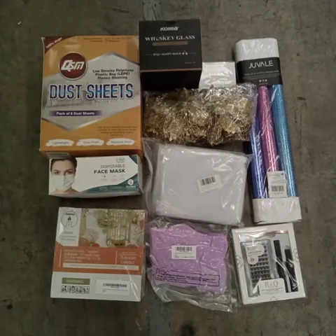 PALLET OF ASSORTED ITEMS INCLUDING DUST SHEETS, WHISKY GLASS, JUVALE GIFT PAPER, DISPOSABLE FACE MASKS, TEALIGHT CANDLE, DIY LASH CLUSTER KIT