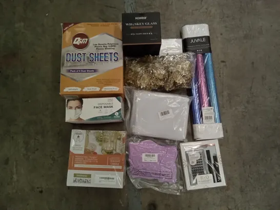 PALLET OF ASSORTED ITEMS INCLUDING DUST SHEETS, WHISKY GLASS, JUVALE GIFT PAPER, DISPOSABLE FACE MASKS, TEALIGHT CANDLE, DIY LASH CLUSTER KIT