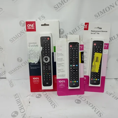 APPROXIMATELY 13 ASSORTED ONE FOR ALL TELEVISION REMOTES TO INCLUDE UNIVERSAL REMOTE AND LG REPLACEMENT REMOTE 