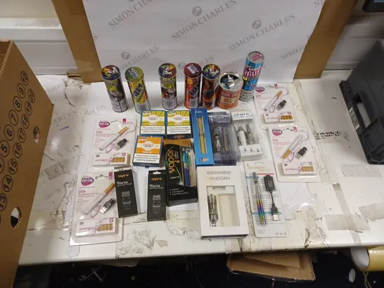 LOT OF ASSORTED E-CIGARETTE ASSOCIATED ITEMS TO INCLUDE BLOW ONE BLOWTANK PACK, EZI-CIG ELECTRONIC NICOTINE CIGARETTE, AND DINNER LADY MANGO TART ETC.