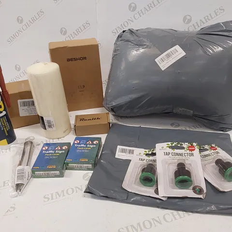 13 BRAND NEW ITEMS TO INCLUDE: 3 TAP CONNECTORS, SM DEVOR V PILLOW, 2 PACKS OF TRAFFIC SIGN FLASH CARDS