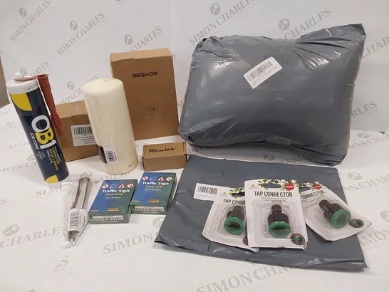 13 BRAND NEW ITEMS TO INCLUDE: 3 TAP CONNECTORS, SM DEVOR V PILLOW, 2 PACKS OF TRAFFIC SIGN FLASH CARDS