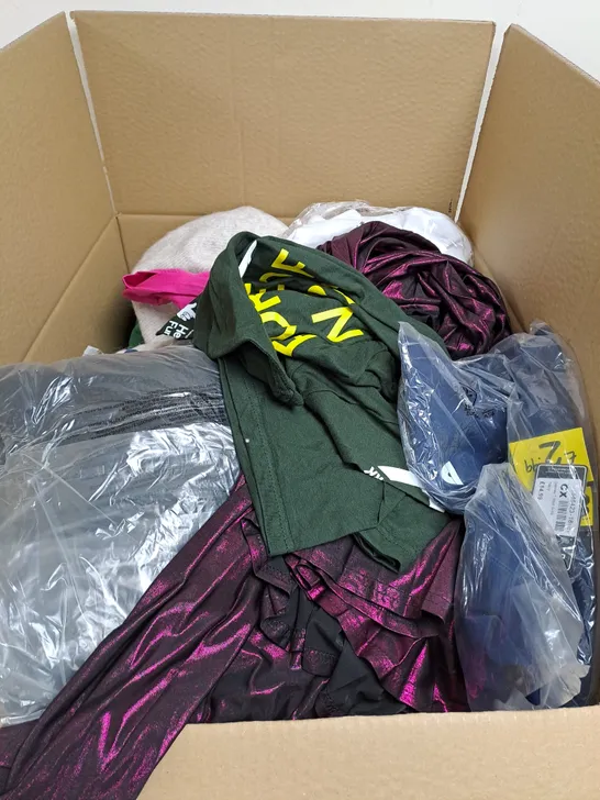 BOX OF ASSORTED CLOTHING ITEMS TOO INCLUDE JUMPERS, SHIRTS AND TROUSERS IN VARIOUS SIZES AND COLOURS   