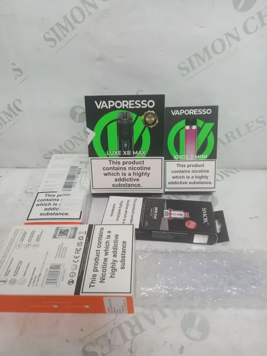 BOX OF APPROXIMATELY 20 ASSORTED E-CIGARATTES TO INCLUDE VAPORESSO, SMOK, ASPIRE ETC