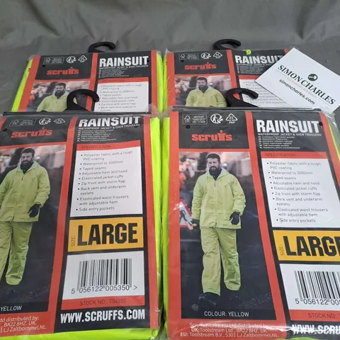 LOT OF 4 SCRUFFS WATERPROOF FLUO YELLOW RAIN SUITS - LARGE