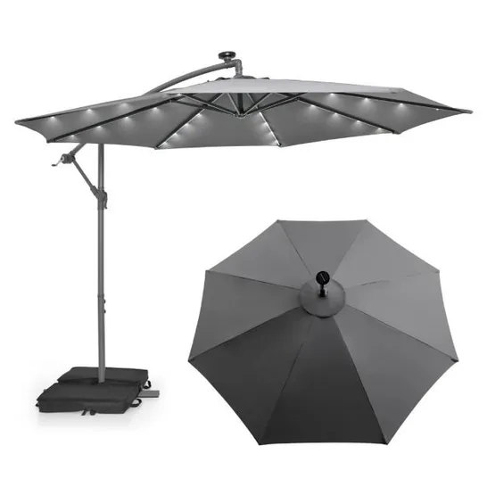 BOXED COSTWAY 3M GARDEN PARASOL WITH SANDBAGS PARASOL WITH 32 LED LIGHTS UV PROTECTION PATIO PARASOL FOR GARDEN/PATIO - GREY