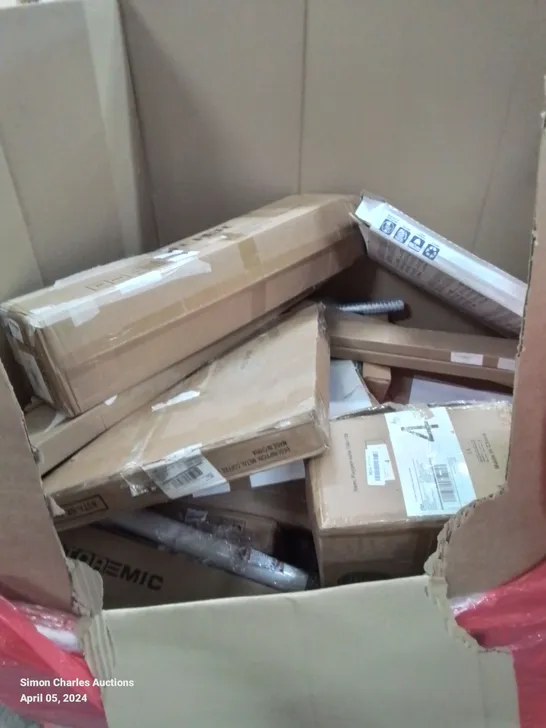 PALLET OF ASSORTED HOUSEHOLD GOODS AND PRODUCTS TO INCLUDE; ASH VACUUM, TOILET SEAT, LAPTOP TRAY, BOXED FURNITURE ETC