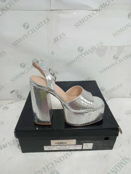 BOXED PAIR OF KOI FOOTWEAR SHONEN PLATFORM STRAP HEELS IN SILVER LIZARD - SIZE 4