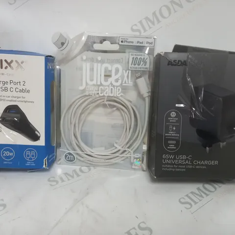 BOX OF APPROXIMATELY 20 ASSORTED ELECTRICAL ITEMS TO INCLUDE 65W USB-C UNIVERSAL CHARGER, JUICE XL SYNC & CHARGE CABLE, MIXX CHARGE PORT 2 WITH USB-C CABLE, ETC