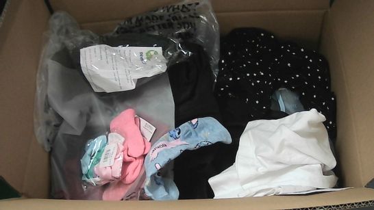 BOX OF ASSORTED GIRLS CLOTHING TO INCLUDE DRESSES, DENIM JACKET, SOCKS