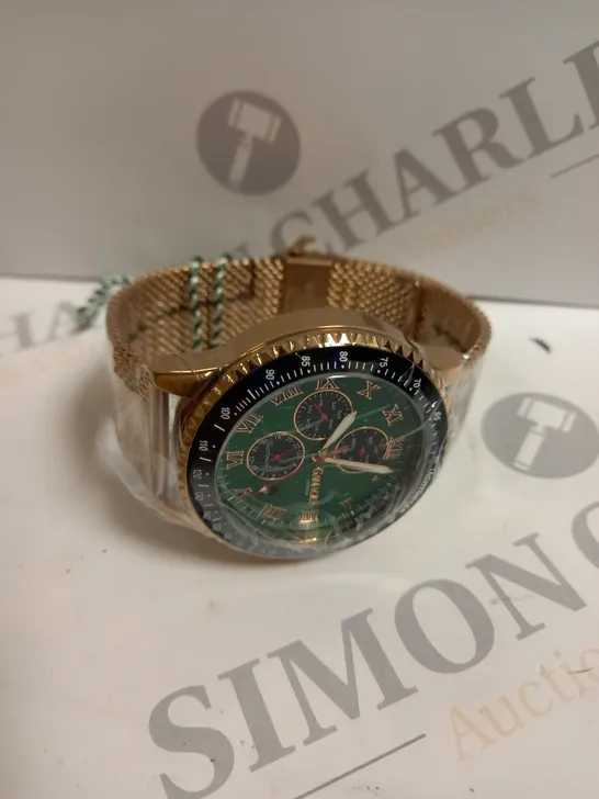 BOXED GAMAGES PINNACLE ROSE GOLD GREEN DIAL WATCH