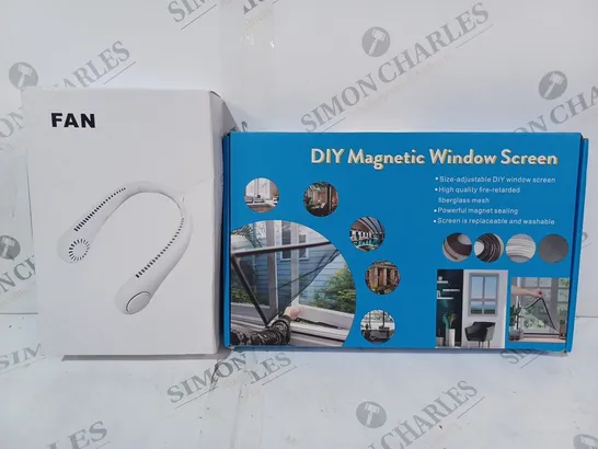 BOX OF APPROXIMATELY 20 ASSORTED HOUSEHOLD ITEMS TO INCLUDE DIY MAGNETIC WINDOW SCREEN, ELECTRIC NECK FAN, ETC