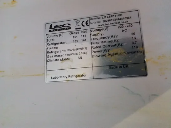 LEC MEDICAL LSR151UK UNDER COUNTER FRIDGE 